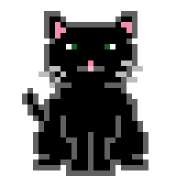 a pixel art of a black cat with green eyes